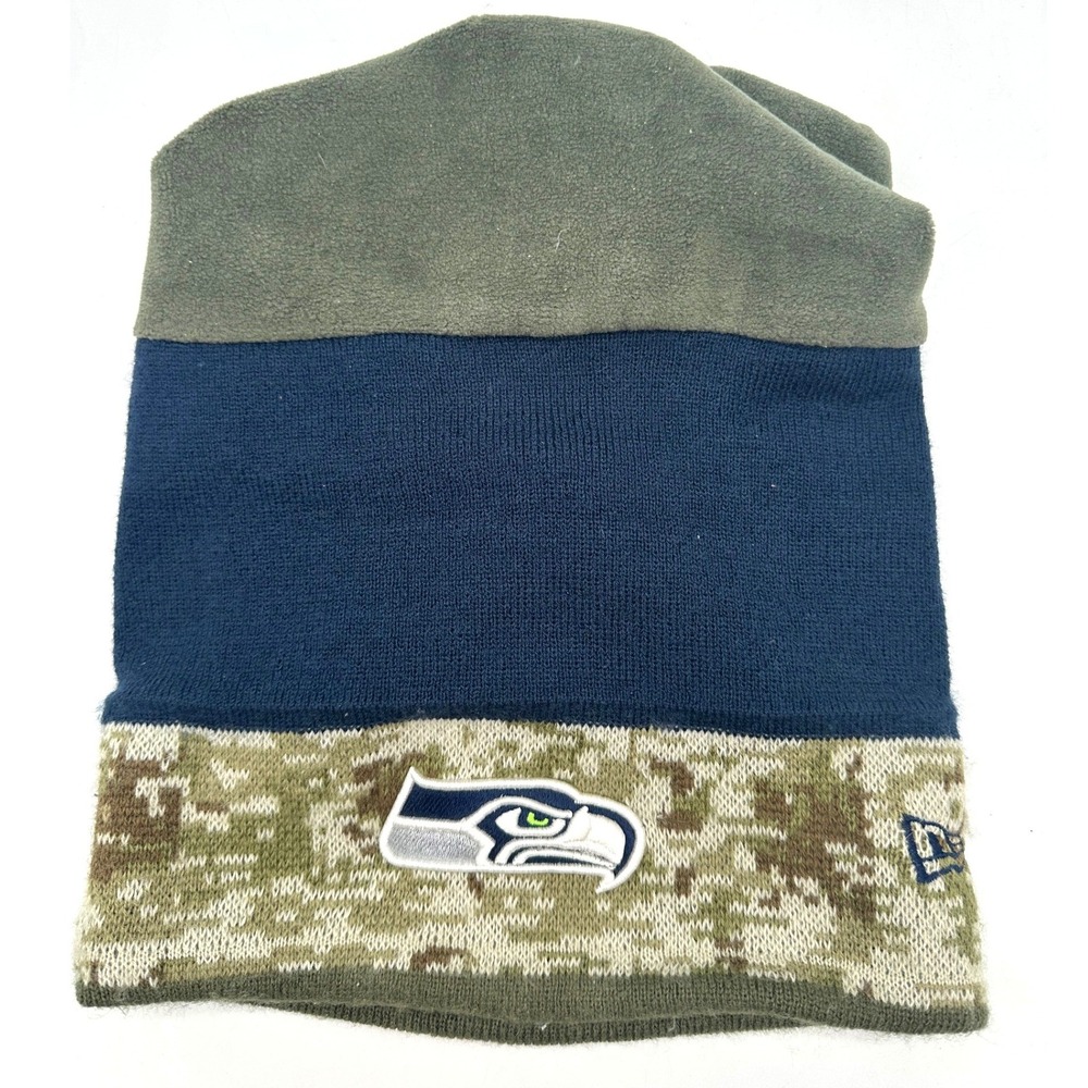 New Era Mens Seattle Seahawks OSFA Green Navy Camo Salute to Service Beanie Hat